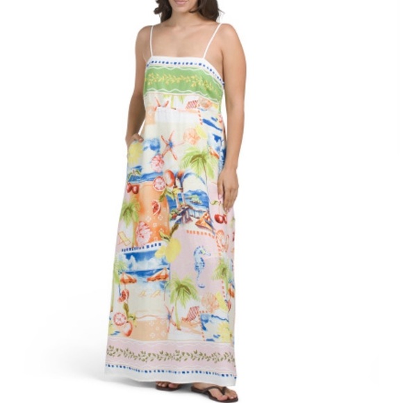 C&C California Dresses & Skirts - C&C California Linen Coast Print Smocked Back Pockets Maxi Dress Women’s Medium